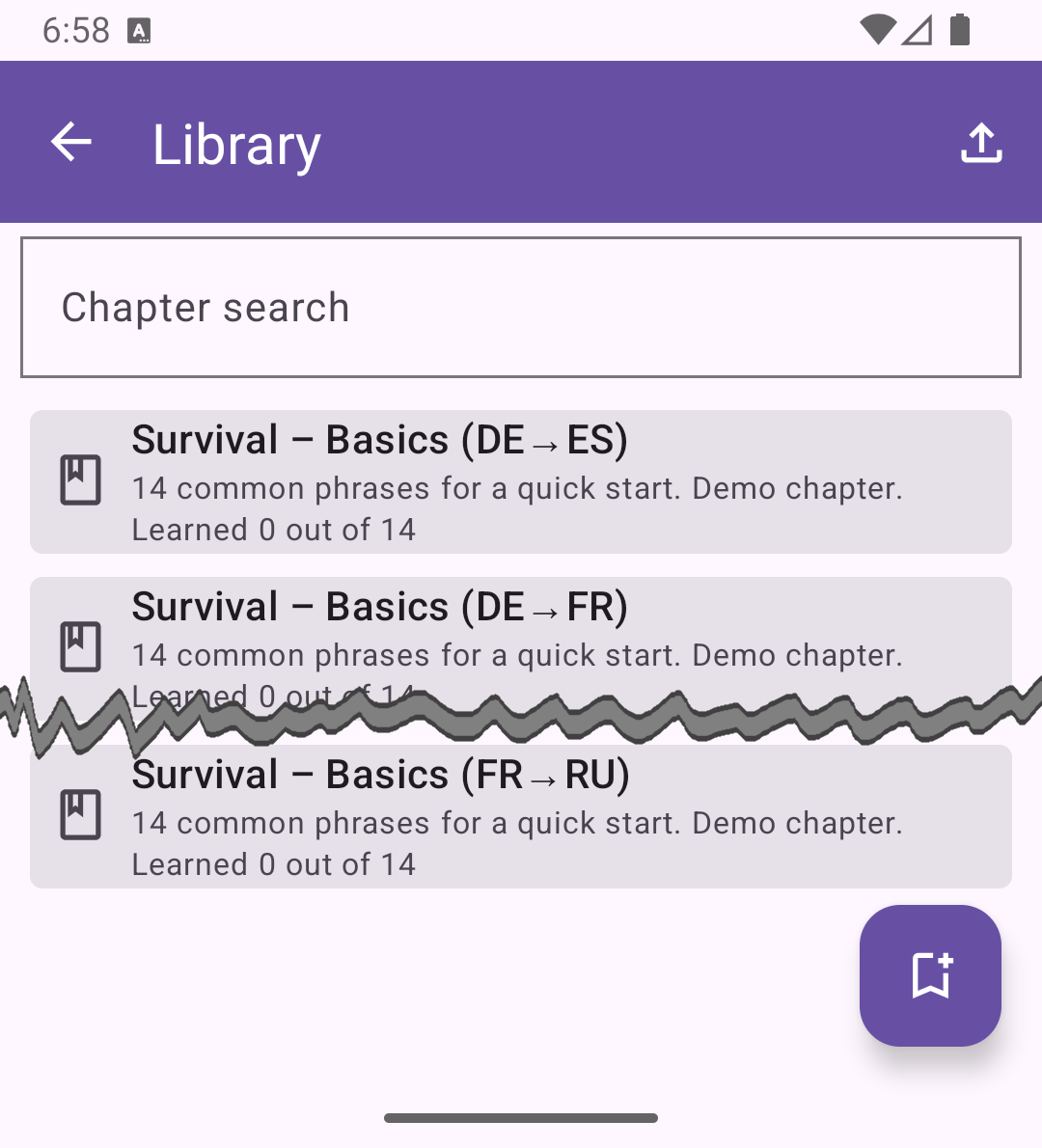 Main library screen showing the list of chapters