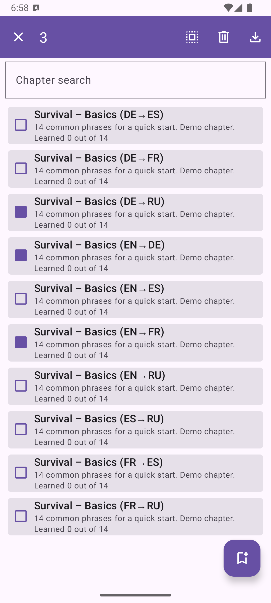 Selection mode with highlighted cards and toolbar actions